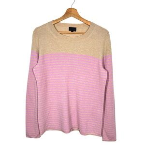 J.Crew Collection Italian Cashmere Pink Tan Stripe Sweater Roll Hem Women’s L